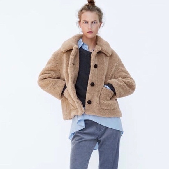 Zara teddy bear fleece coat/jacket in camel. - Picture 3 of 3